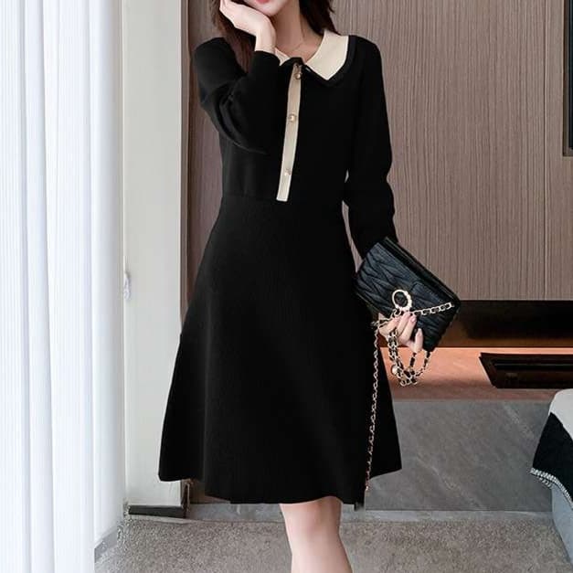 大人かわいい服 長袖クラシカルニットワンピース