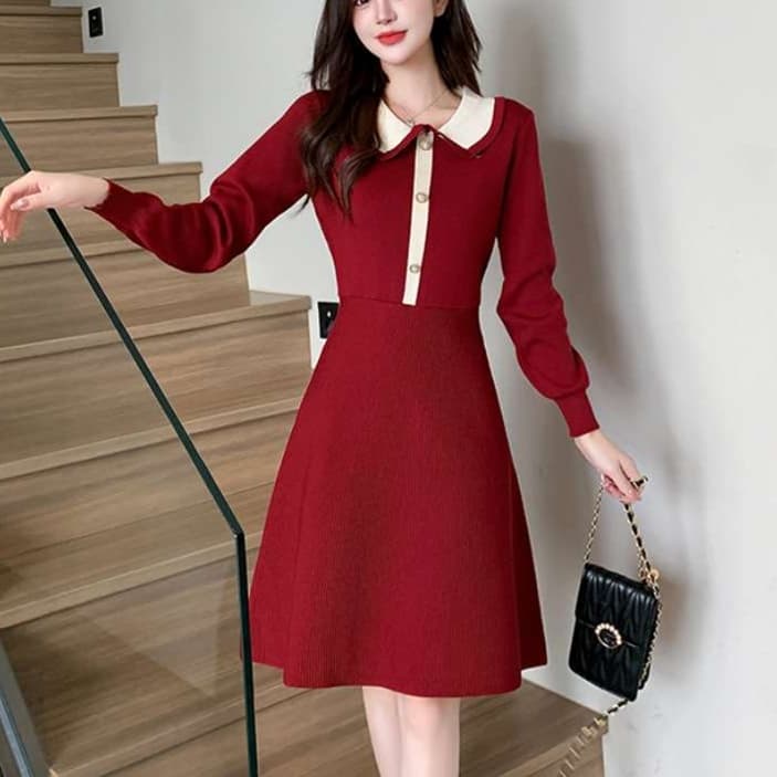 大人かわいい服 長袖クラシカルニットワンピース