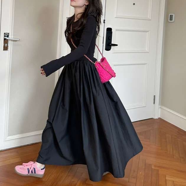 大人かわいい服 エレガントシルエット ロングワンピース
