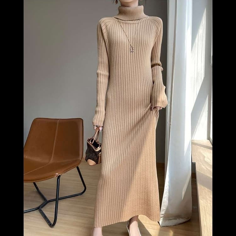 大人かわいい服 リブニットタートルワンピース