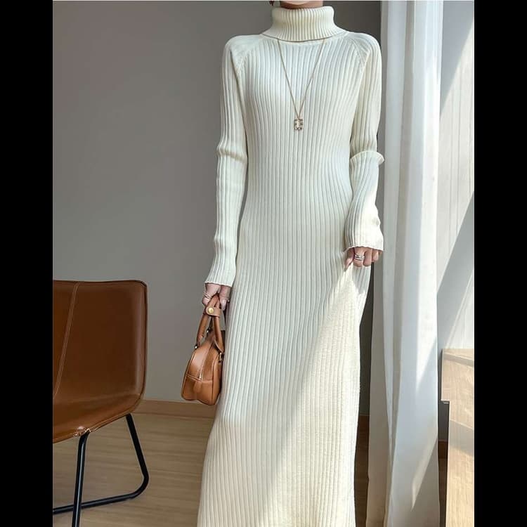 大人かわいい服 リブニットタートルワンピース