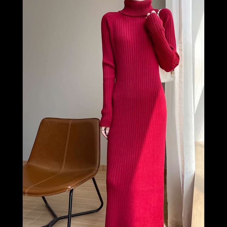 大人かわいい服 リブニットタートルワンピース