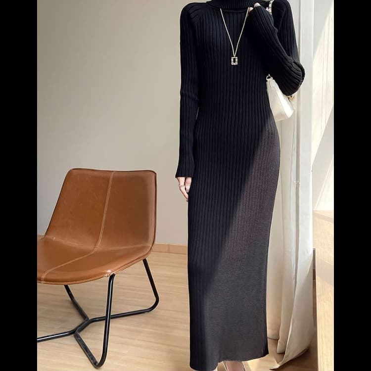 大人かわいい服 リブニットタートルワンピース