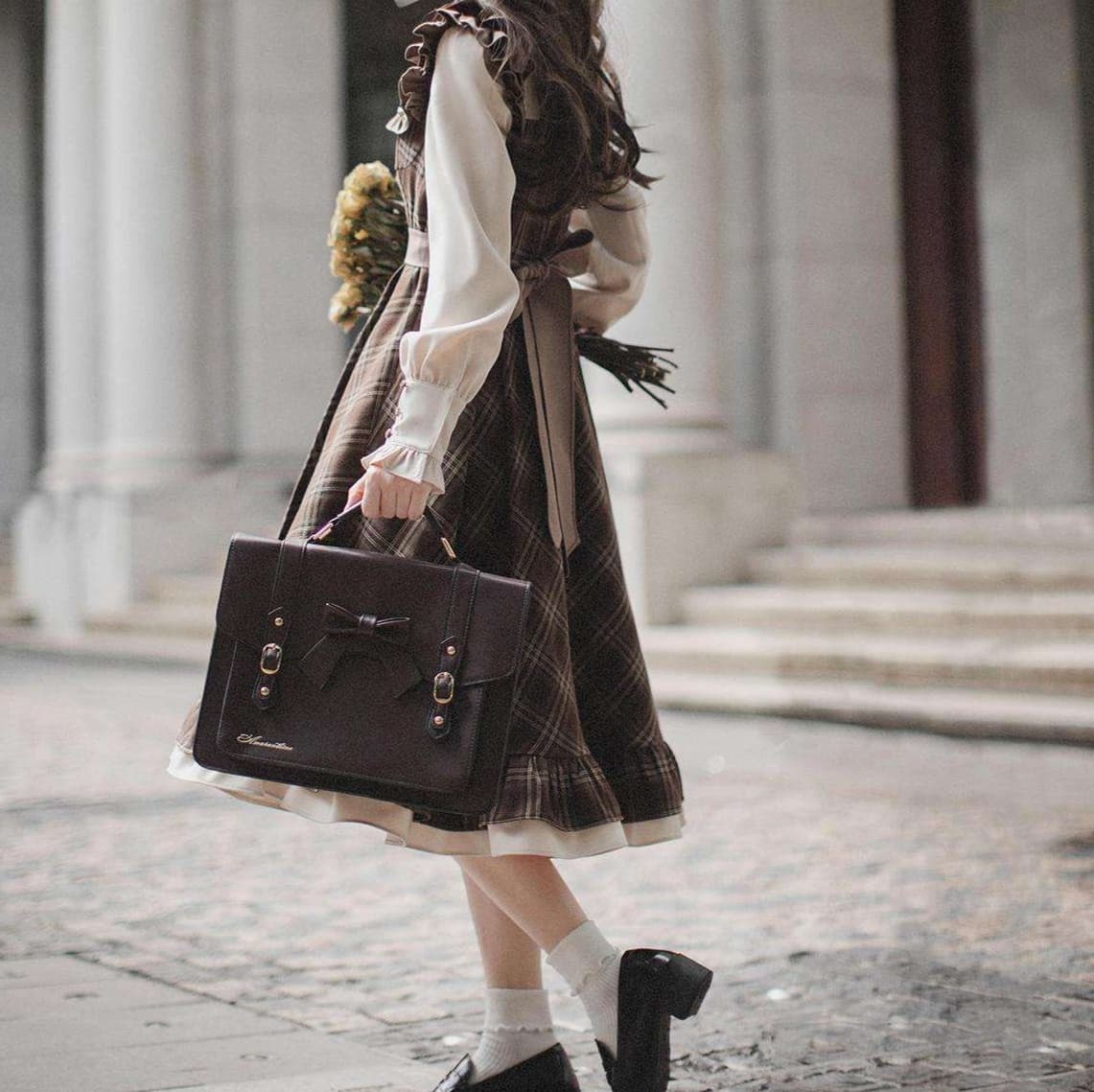 大人かわいい服 レトロクラシックチェック フリルワンピース