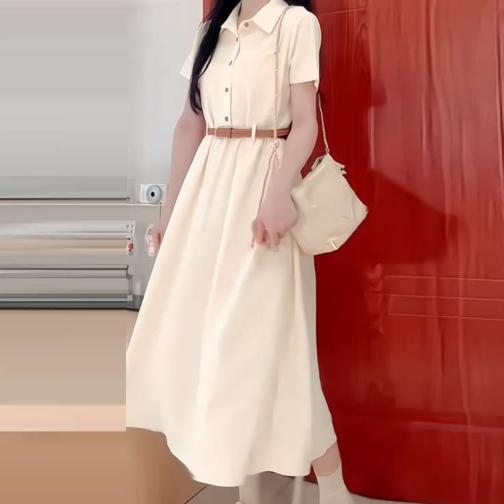 大人かわいい服 シャツカラー×ウエストベルト フレアワンピース