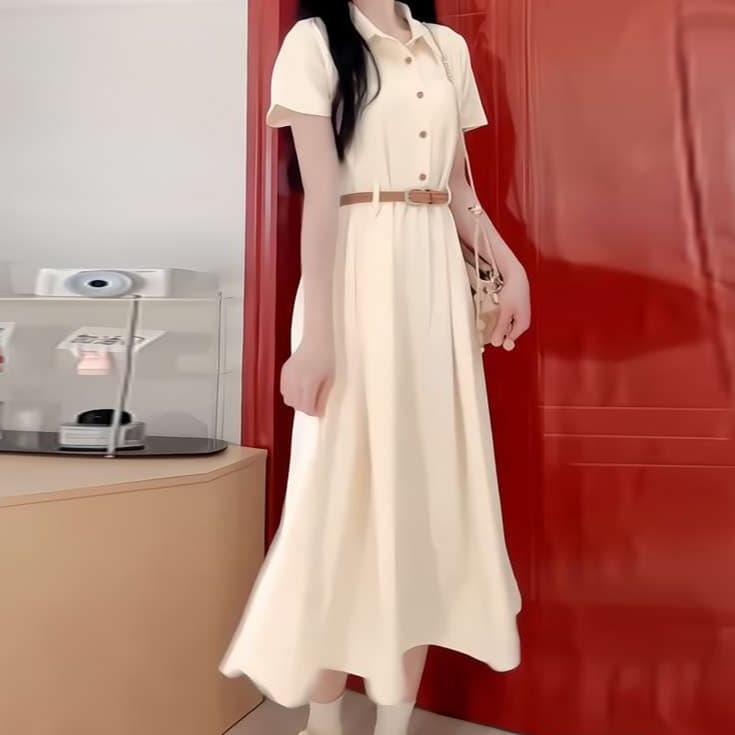 大人かわいい服 シャツカラー×ウエストベルト フレアワンピース