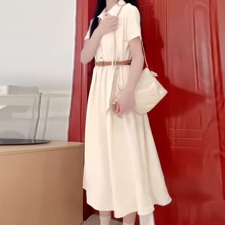 大人かわいい服 シャツカラー×ウエストベルト フレアワンピース