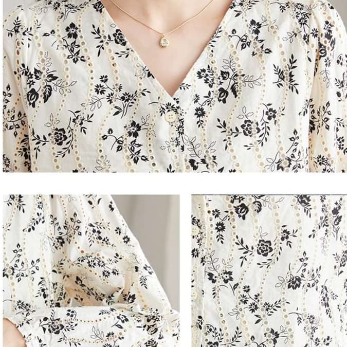 大人かわいい服 上品花柄フリルスリーブブラウス