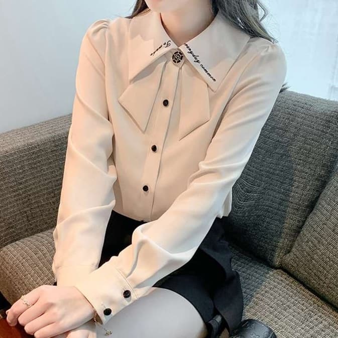 大人かわいい服 繊細刺繍×リボンデザイン 長袖ブラウス