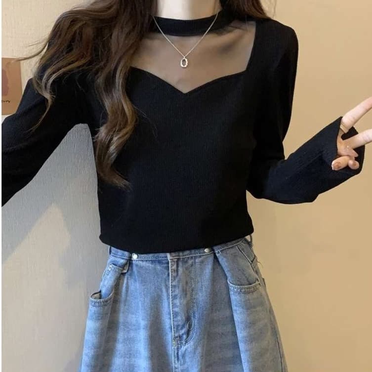 大人かわいい服 透け感リブニット ハートネックトップス