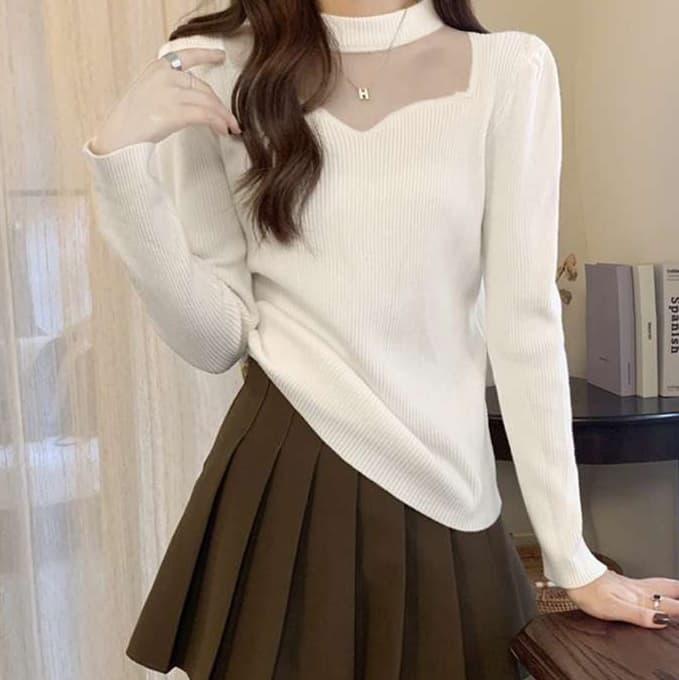 大人かわいい服 透け感リブニット ハートネックトップス