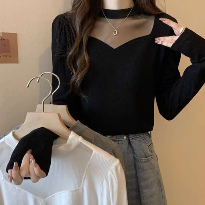 大人かわいい服 透け感リブニット ハートネックトップス