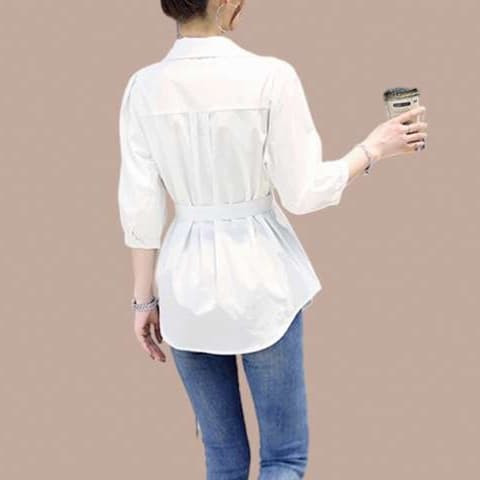 大人かわいい服 ウエストリボンで魅せるシャツブラウス