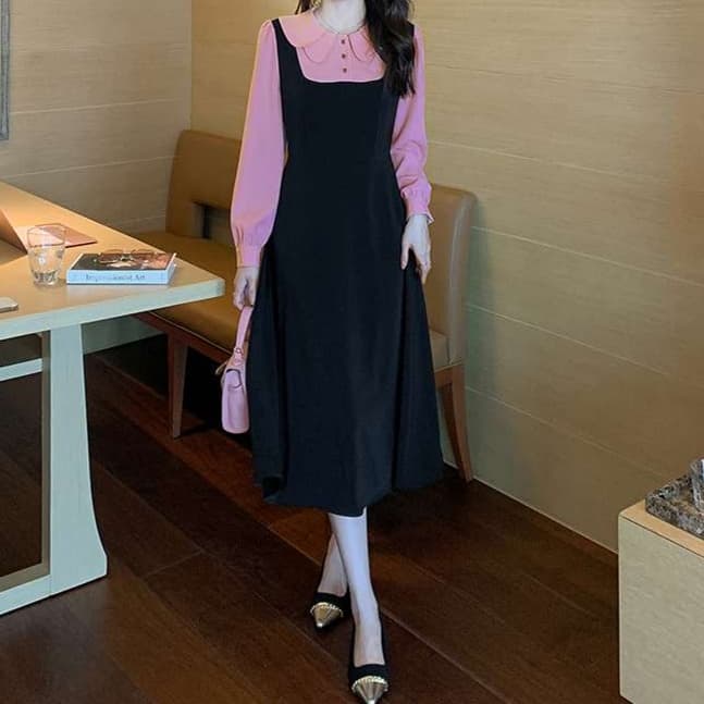 大人かわいい服 レイヤード風襟付きワンピース