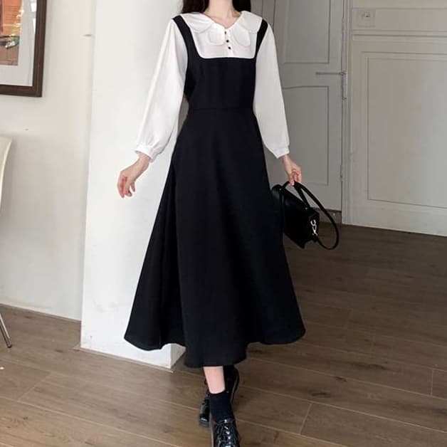 大人かわいい服 レイヤード風襟付きワンピース