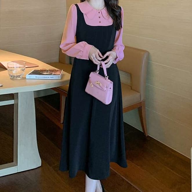 大人かわいい服 レイヤード風襟付きワンピース