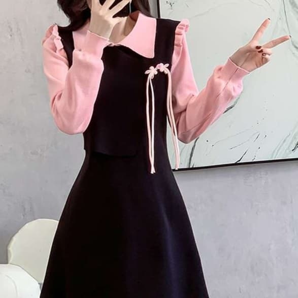大人かわいい服 レトロガーリーリボンワンピース