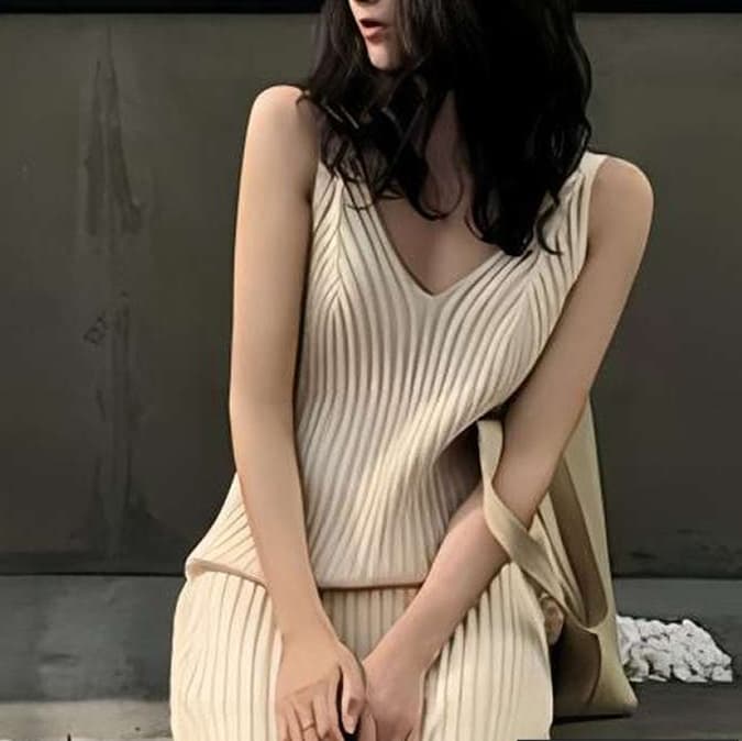 大人かわいい服 レトロモダンリブニットワンピース