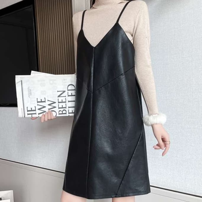 大人かわいい服 レイヤードスタイル革調ワンピース