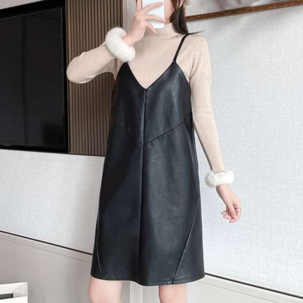 大人かわいい服 レイヤードスタイル革調ワンピース