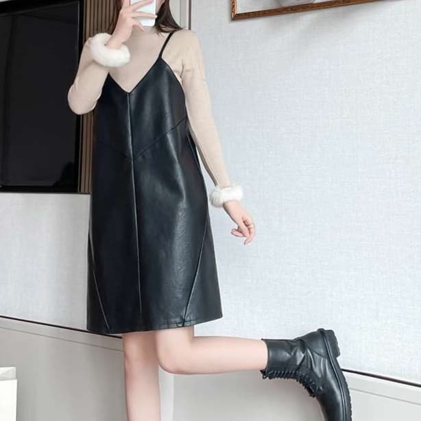 大人かわいい服 レイヤードスタイル革調ワンピース