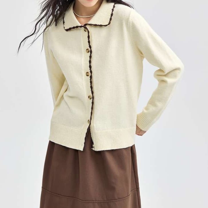 大人かわいい服 クラシック配色ラインカーディガン