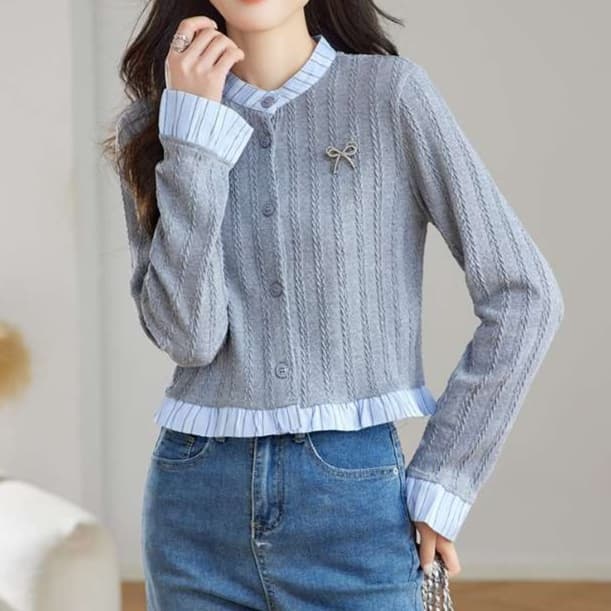大人かわいい服 リボンモチーフケーブルカーディガン
