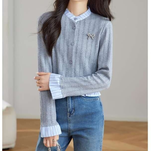 大人かわいい服 リボンモチーフケーブルカーディガン