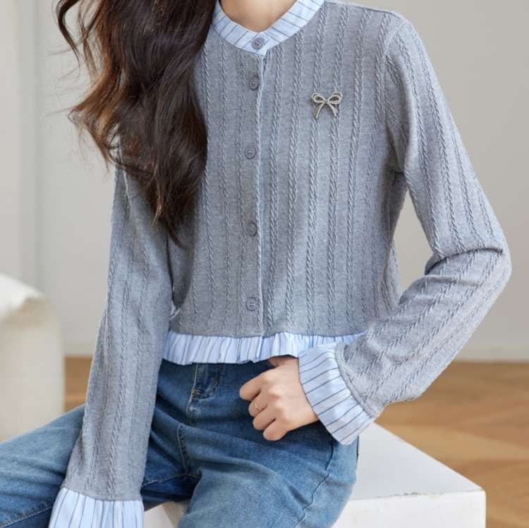 大人かわいい服 リボンモチーフケーブルカーディガン