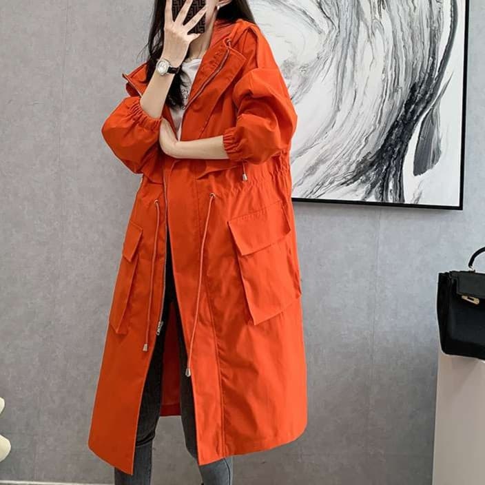 大人かわいい服 フード付きロングトレンチコート