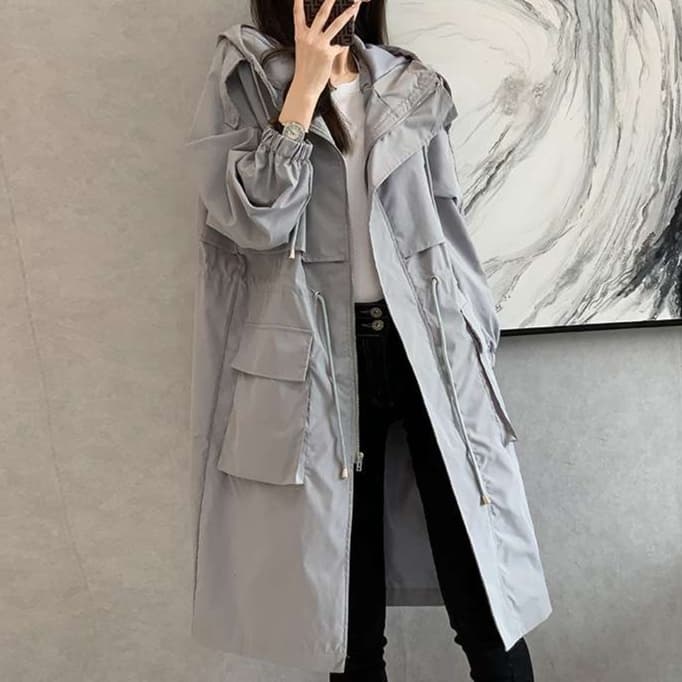 大人かわいい服 フード付きロングトレンチコート