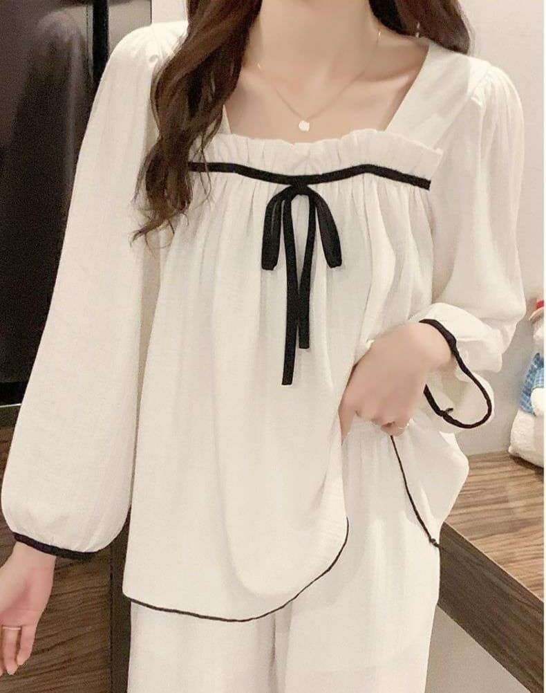 大人かわいい服 リボン＆フリルの上品ルームウェアセット