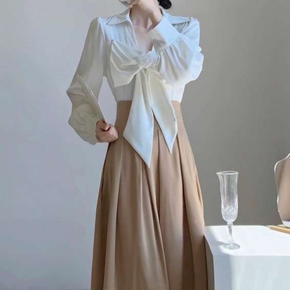 大人かわいい服 リボンブラウス＆スカート セットアップ