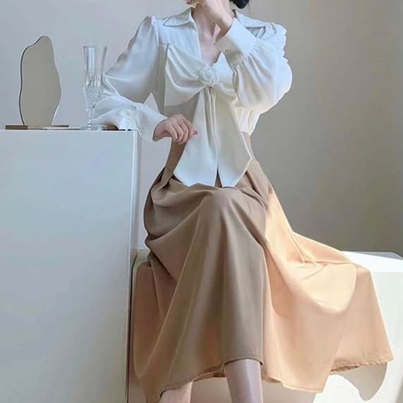 大人かわいい服 リボンブラウス＆スカート セットアップ