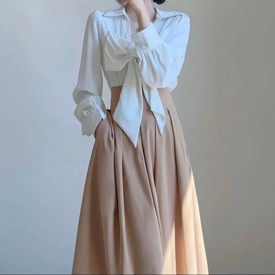 大人かわいい服 リボンブラウス＆スカート セットアップ
