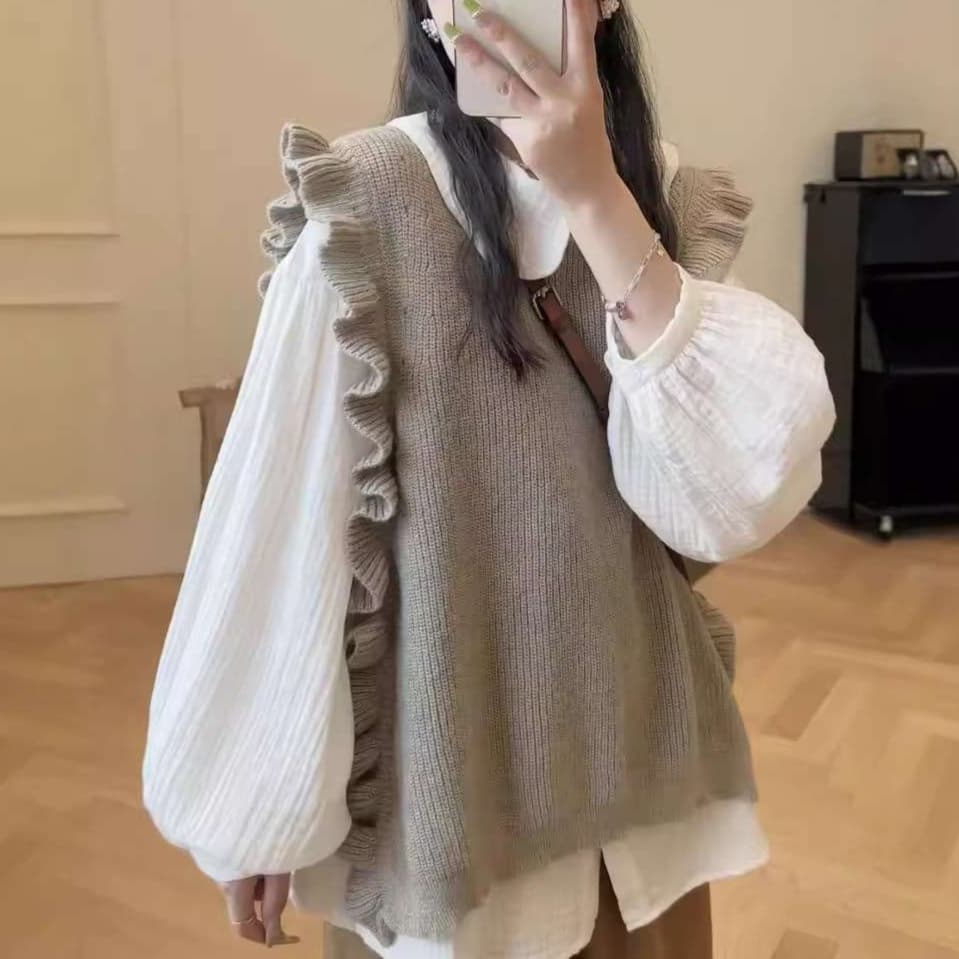大人かわいい服 シフォン×ニットのフリルコーデセット