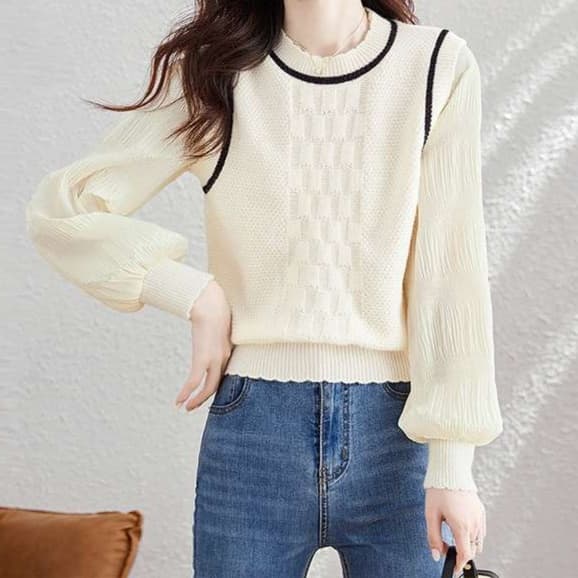 大人かわいい服 ふんわり袖 フェミニンニットプルオーバー