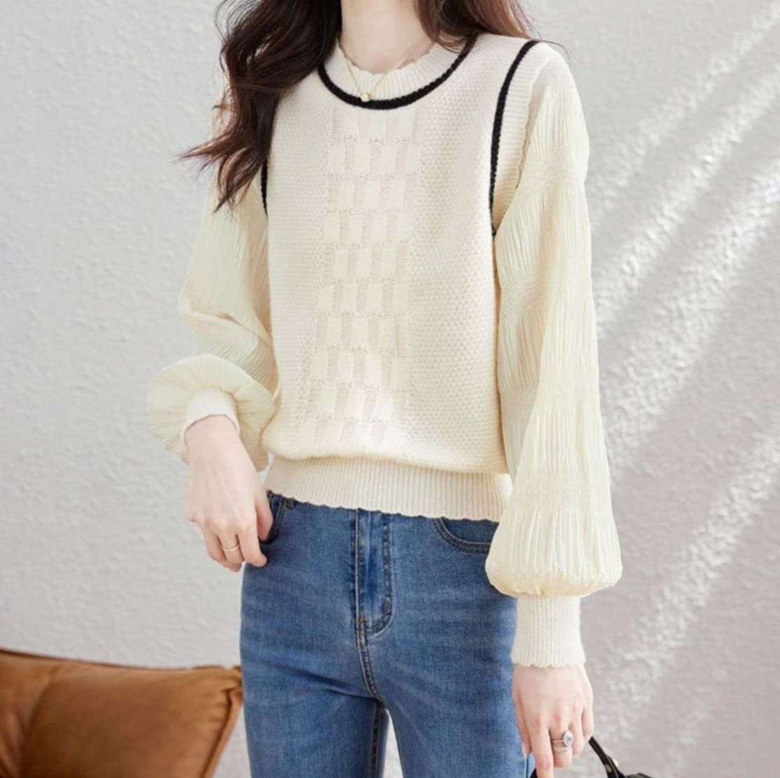 大人かわいい服 ふんわり袖 フェミニンニットプルオーバー