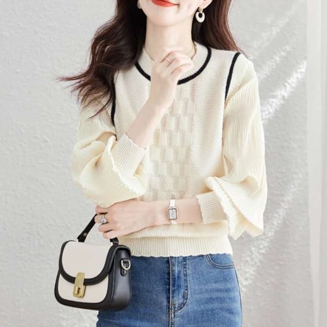 大人かわいい服 ふんわり袖 フェミニンニットプルオーバー