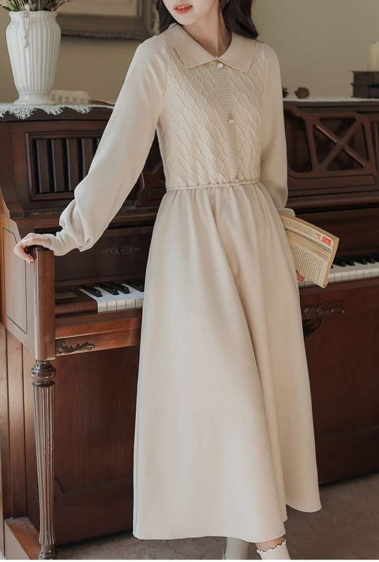 大人かわいい服 レトロガーリー襟付きミモレワンピース