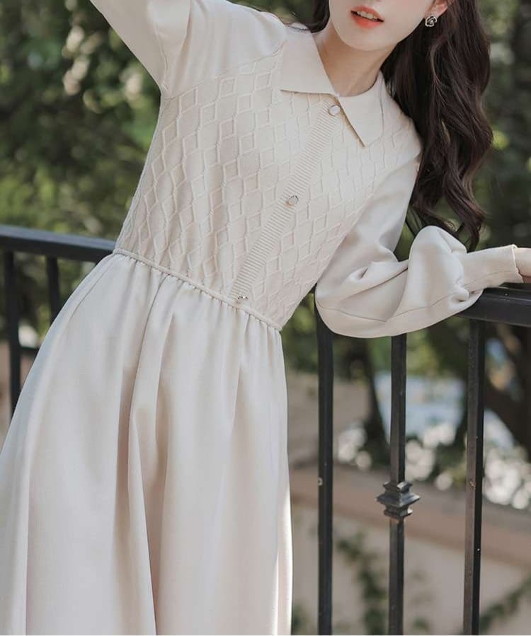 大人かわいい服 レトロガーリー襟付きミモレワンピース