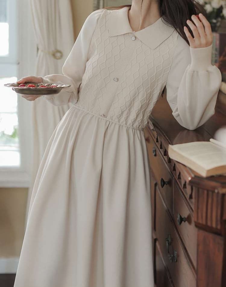 大人かわいい服 レトロガーリー襟付きミモレワンピース