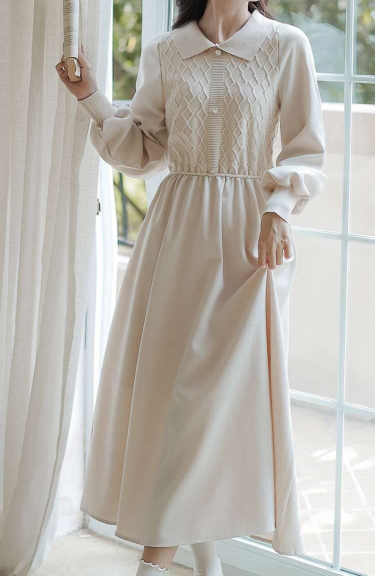 大人かわいい服 レトロガーリー襟付きミモレワンピース