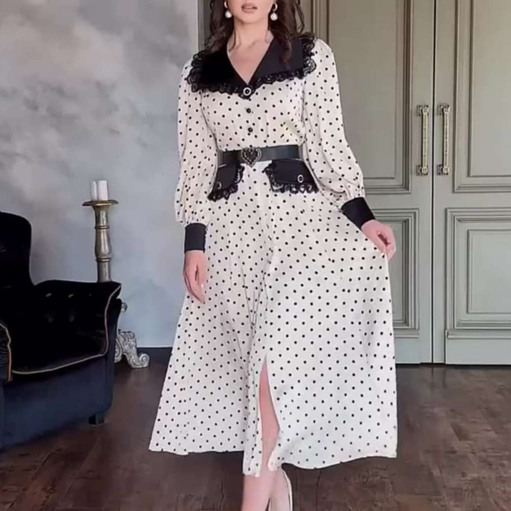 大人かわいい服 レトロドット柄 ロングワンピース