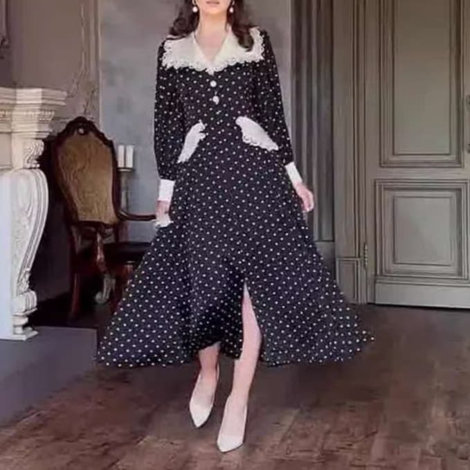 大人かわいい服 レトロドット柄 ロングワンピース