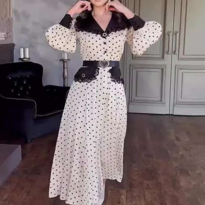 大人かわいい服 レトロドット柄 ロングワンピース
