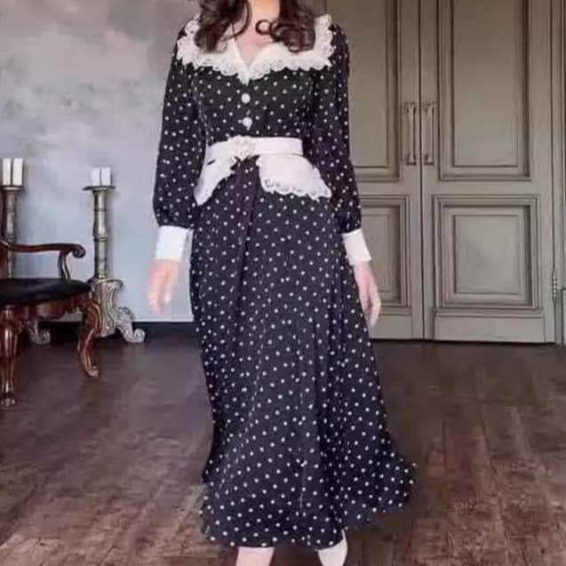 大人かわいい服 レトロドット柄 ロングワンピース