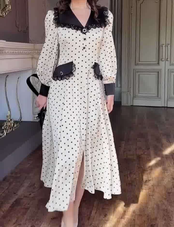 大人かわいい服 レトロドット柄 ロングワンピース