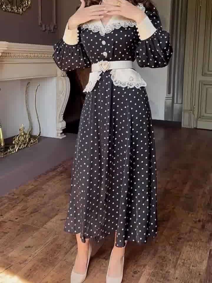 大人かわいい服 レトロドット柄 ロングワンピース