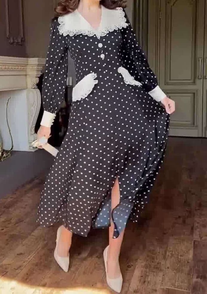 大人かわいい服 レトロドット柄 ロングワンピース